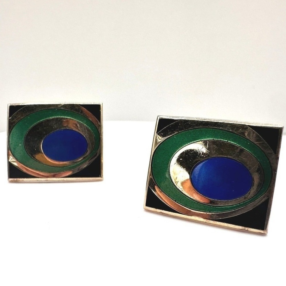 Vintage 80s Gold Tone Cufflinks Blue Green‎ Enamel Peacock Eye Abstract Jewelry